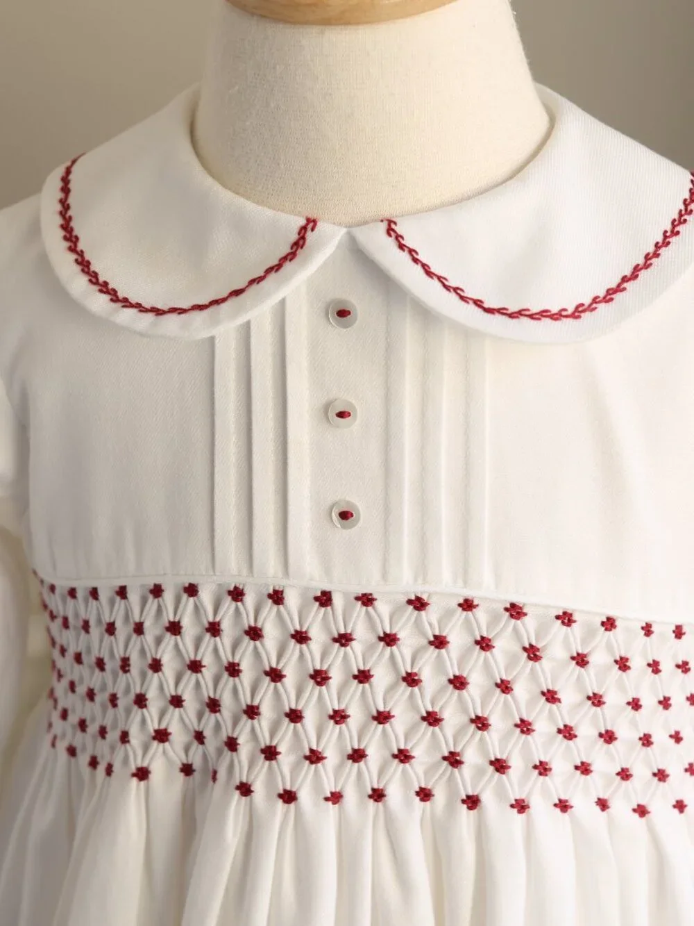 White Smocked Dress Long Sleeve Red Embroidery Sarah Louise PinTucks Size 2